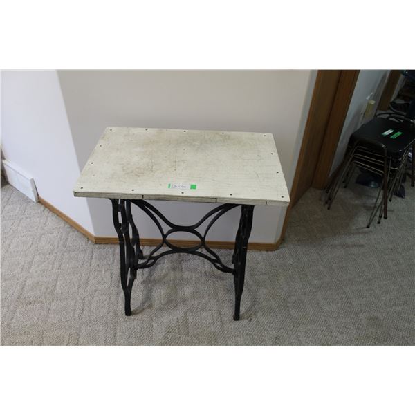 Table w/Cast Iron Sewing Machine Base & Wood w/Puckboard Top
