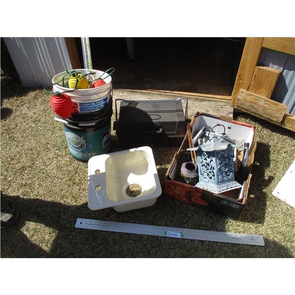 Pails, Patio Lantern Lights, Rain Gauge, Table Top Propane Barbecue, Shelving Brackets, Sink, etc.