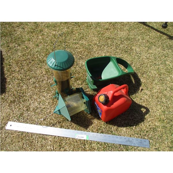(2) Bird Feeders, Gas Can, Scott's Hand Fertilizer Spreader