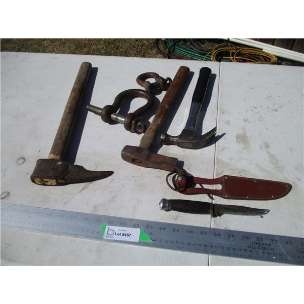 Clevises, Hammer, Grub Hoe, Knife With Sheath, etc.