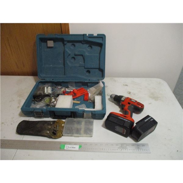 Black & Decker Cordless Drill, Two Batteries, No Charger, Makita Case, Screwdriver Bits, etc.