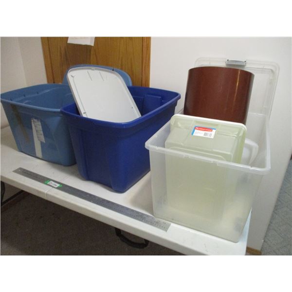 (3) Large Totes, (2) Smaller Storage Containers, Cushion, Brown Flower Pot