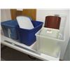 Image 1 : (3) Large Totes, (2) Smaller Storage Containers, Cushion, Brown Flower Pot