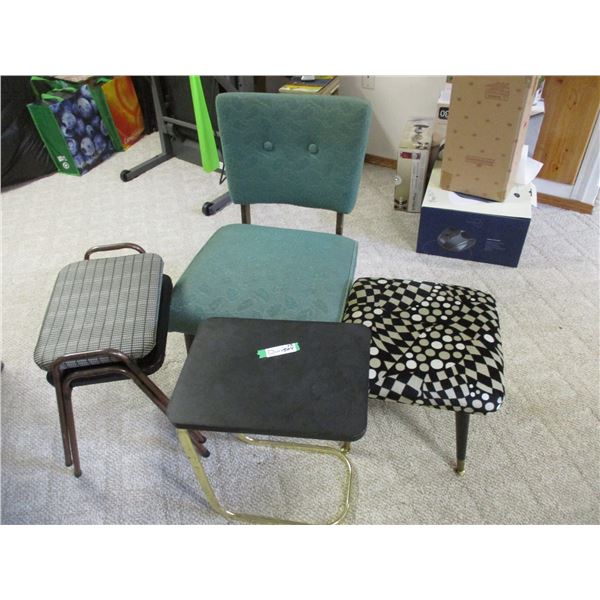 Upholstered Chair, Foot Stool, Stacking Stools, Bedside Table