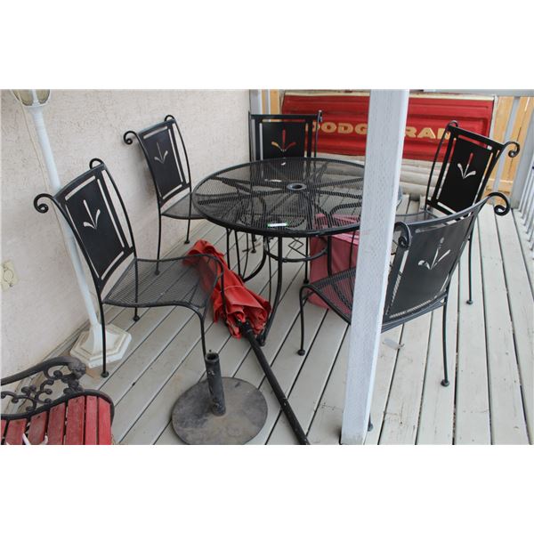 Metal Patio Set: Round Table - 42" Diameter, (5) Chairs, Umbrella & Stand, Chair Cushions