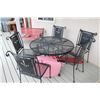 Image 3 : Metal Patio Set: Round Table - 42" Diameter, (5) Chairs, Umbrella & Stand, Chair Cushions