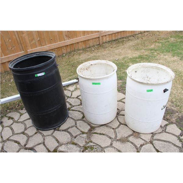 (3 Times Bid Price) (3) Plastic Rain Barrels - Two 30 Gallon & One 45 Gallon