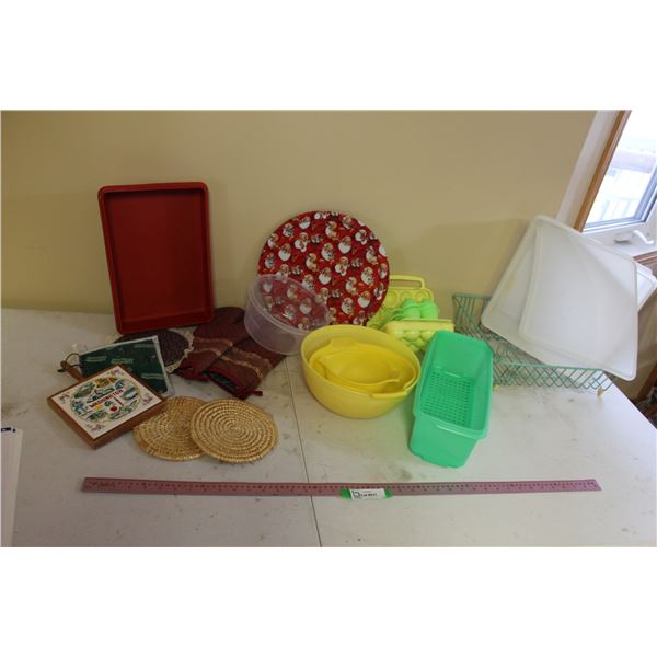 Tupperware, Dish Draining Rack, Oven Mitts, Hot Pads, Santa Tray, Egg Holders, etc.