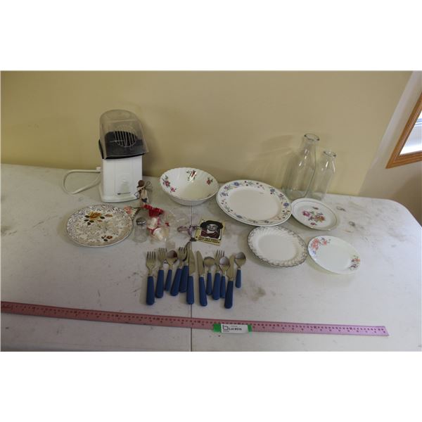 Milk Bottles, Cutlery, Salt & Pepper Shakers, Popcorn Popper, Bowl, Plates
