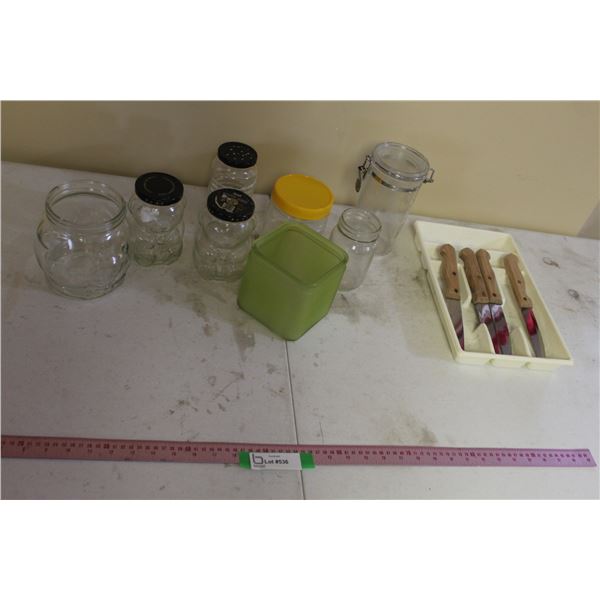 Cannister, (2) Kraft Glass Jars, Other Glass Jars, Cutlery Organizer, (4) Farberware Knives