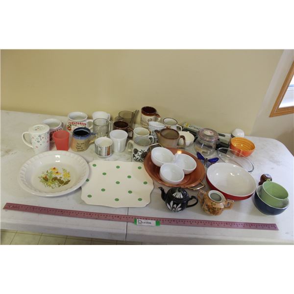 Bowls, Cannister, 3 Hole Punch, Mugs, Platter, Serving Bowl, Copper Tray, etc.