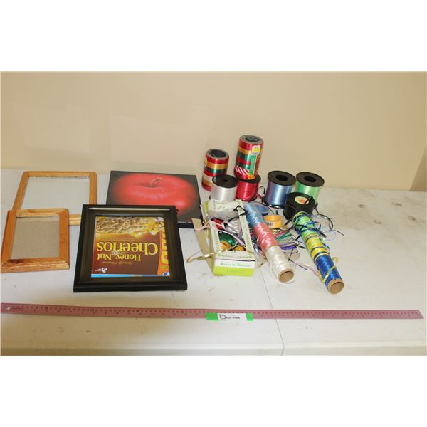 (3) Picture Frames, (1) Picture, Ribbons, etc.