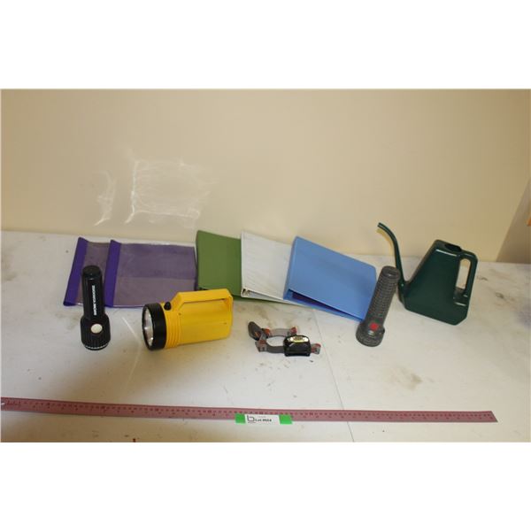 (3) Flashlights, (1) Headlamp, (3) Binders, (2) Folders, Watering Can