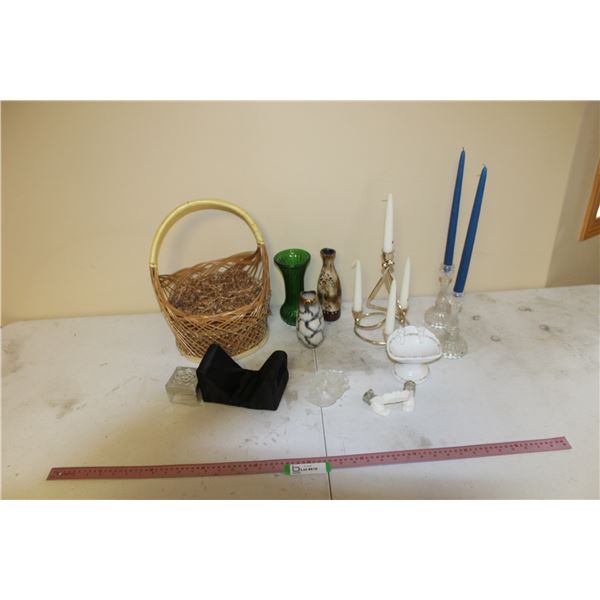 Basket, Vases, Candle Holders With Candles, Soap Dish, etc.