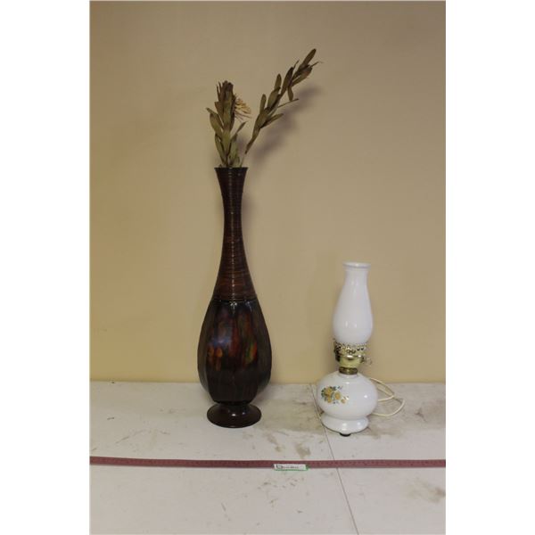 Lantern Style Electric Lamp, Tall Vase With Artificial Flower