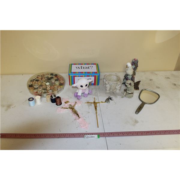 Spools of Thread, What Game, Stuffed Toy, Candle Holder, Ornaments, Crucifixes, Hand Mirror, Angel O