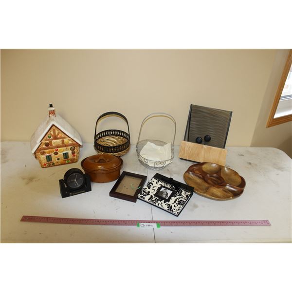 Baskets, Divided Wooden Dish, Cookie Jar With Damaged Lid, Oval Dish With Lid, Photo Album, Stand, S