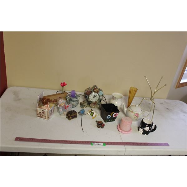 Metal Basket, Stand, Candle, Mug, Mantle Clock, Teapot, Vases, Ornaments, etc.