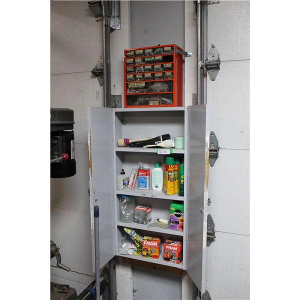 Parts Organizer With Hardware Contents; Contents of Cabinet - Oil Filters, Insect Repellant, Contact