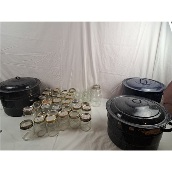 Assorted Canning Jars & 3 Large Preserve Pots with Lids