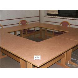 QTY OF 6 CORAL MARBLE EFFECT MEETING ROOM TABLES & 3 MATCHING CHAIRS & 1 NOBO FLIP CHART