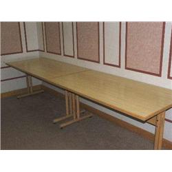 3 X LIGHT OAK CANTILEVER TABLES, 3 SECTION MEETING TABLE, 5 MATING BLUE CHAIRS.