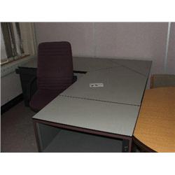 GREY DESK SYSTEM WITH BUILT UNDER 4 DRAWER PEDESTAL UNIT, 2 X TAMBOUR UNITS, 1 X LIGHT OAK ROUND MEE