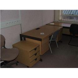 QTY OF OFFICE FURNITURE INCLUDES BISLEY 4 DRAWER METAL FILLING CABINET, LIGHT OAK 3 DRAWER PEDESTAL 