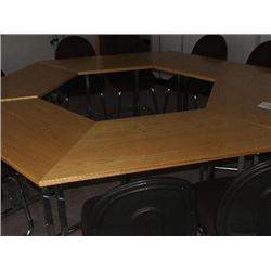 OFFICE FURNITURE INCLUDES HEXAGONAL LIGHT OAK  MEETING TABLE, 12 BROWN MEETING CHAIRS, 1 NOBO BOARD,