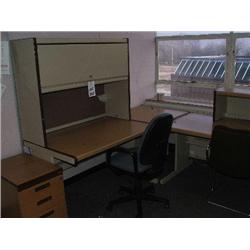 OFFICE FURNITURE INCLUDES 2 X LIGHT OAK 3 DRAWER PEDESTAL UNITS, 3 X LIGHT OAK DESKS, 1 GREY 2 DRAWE