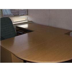 OFFICE FURNITURE INCLUDES 2 X LIGHT OAK DESKS, 1 LIGHT OAK HALF ROUND DESK, 1 X 2 DRAWER PEDESTAL UN