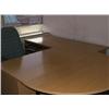 Image 1 : OFFICE FURNITURE INCLUDES 2 X LIGHT OAK DESKS, 1 LIGHT OAK HALF ROUND DESK, 1 X 2 DRAWER PEDESTAL UN