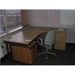 OFFICE FURNITURE INCLUDES  LIGHT OAK DESK, 1 X 3DRAWER PEDESTAL UNIT, 1 CONCERTINA FRONT FILLING CUP