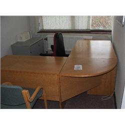 OFFICE FURNITURE INCLUDES 2 X FILLING CUPBOARD, 2 X LIGHT OAK DESKS WITH CORNER RETURN, 2 X 3 DRAWER