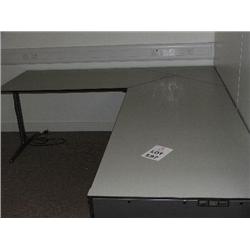 GREY DESK SYSTEM WITH CORNER RETURN, SET OF MAPLE BUILT IN CUPBOARDS