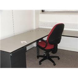 GREY DESK SYSTEM WITH CORNER RETURN, BUILT UNDER 4 DRAWER PEDESTAL UNIT, SET OF MAPLE BUILT IN CUPBO