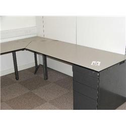 GREY DESK SYSTEM WITH CORNER RETURN, BUILT UNDER 4 DRAWER PEDESTAL UNIT, SET OF MAPLE BUILT IN CUPBO