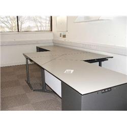 2 X GREY DESK SYSTEMS WITH RETURNS, SET OF MAPLE BUILT IN CUPBOARDS
