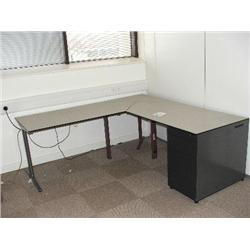 GREY DESK SYSTEM WITH CORNER RETURN, BUILT UNDER 4 DRAWER PEDESTAL UNIT, SET OF MAPLE BUILT IN CUPBO