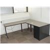 Image 1 : GREY DESK SYSTEM WITH CORNER RETURN, BUILT UNDER 4 DRAWER PEDESTAL UNIT, SET OF MAPLE BUILT IN CUPBO