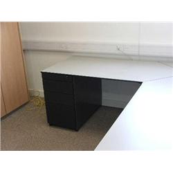 GREY DESK SYSTEM WITH CORNER RETURN, BUILT UNDER 4 DRAWER PEDESTAL UNIT, SET OF MAPLE BUILT IN CUPBO