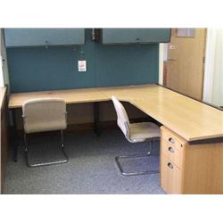 DESK WITH RETURN, BACK BOARD & EYE LINE FILE CUPBOARD, 1 X 3 DRAWER PEDESTAL UNIT,
