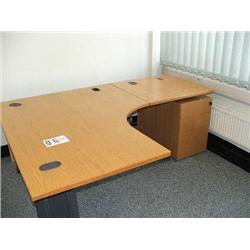 LIGHT OAK CANTILEVER DESK WITH RETURN, 1 X PEDESTAL UNIT, 1 X 2 DOOR FILE CUPBOARD.