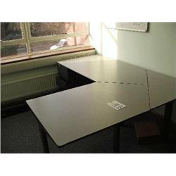 GREY DESK SYSTEM WITH RETURN, BUILT UNDER 4 DRAWER PEDESTAL UNIT, 1 X  TAMBOUR UNIT.