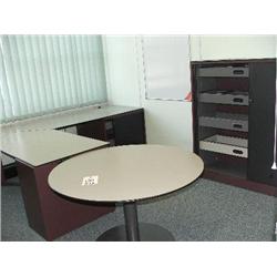 GREY DESK SYSTEM WITH BUILT UNDER 4 DRAWER PEDESTAL UNIT, TAMBOUR UNIT, TAMBOUR SUSPENSION FILE UNIT