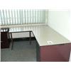 Image 1 : GREY DESK SYSTEM WITH 4 DRAWER BUILT UNDER PEDESTAL UNIT, 1 X TWIN LOCK METAL FILE CABINET, 1 X FLEX