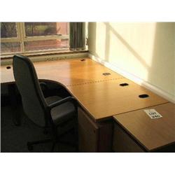 LIGHT OAK DESK WITH EXTENSION, 1 X 3 CABINET, 2 X GREY TRIUMPH METAL FILE  CABINET.