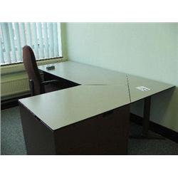 GREY DESK SYSTEM WITH BUILT UNDER 4 DRAWER PEDESTAL UNIT, 1 X TAMBOUR UNIT, 1 X GLASS FRONT BOOK CAS