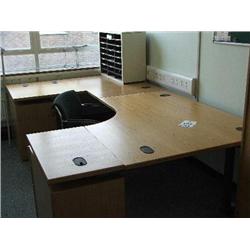 LIGHT OAK DESK WITH 2 EXTENSIONS, 2 X 3 DRAWER PEDESTAL UNITS, 1 X TAMBOUR UNIT.