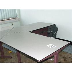 GREY DESK SYSTEM WITH BUILT UNDER 4 DRAWER PEDESTAL UNIT, 1 X TRIUMPH  METAL FILE CABINET.